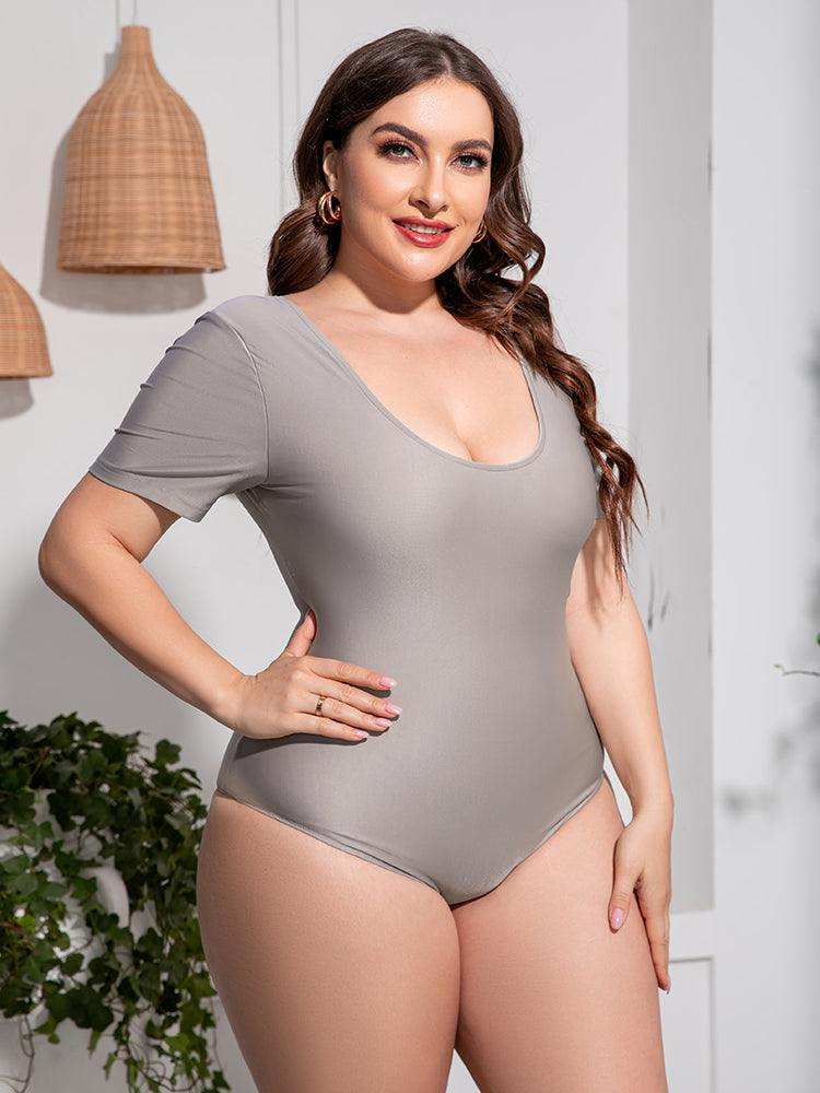 Plus Size Scoop Neck Short Sleeve One-Piece Swimsuit - Trendsi - Flyclothing LLC