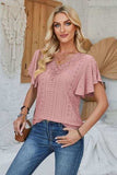 Eyelet Applique V-Neck Cap Sleeve T-Shirt - Trendsi - Flyclothing LLC