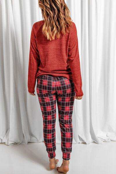 Round Neck Top and Drawstring Plaid Pants Lounge Set - Trendsi - Flyclothing LLC