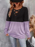 Contrast Crisscross V-Neck Long Sleeve Top - Trendsi - Flyclothing LLC