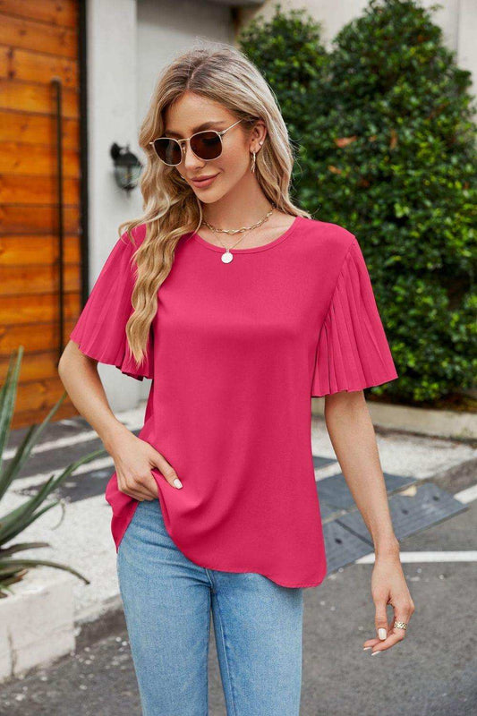 Pleated Flutter Sleeve Round Neck Blouse - Trendsi - Flyclothing LLC