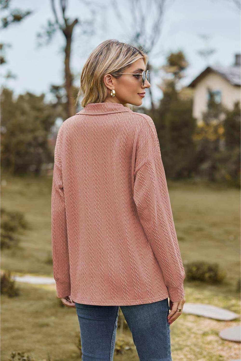 Collared Neck Cable-Knit Long Sleeve Blouse - Trendsi - Flyclothing LLC