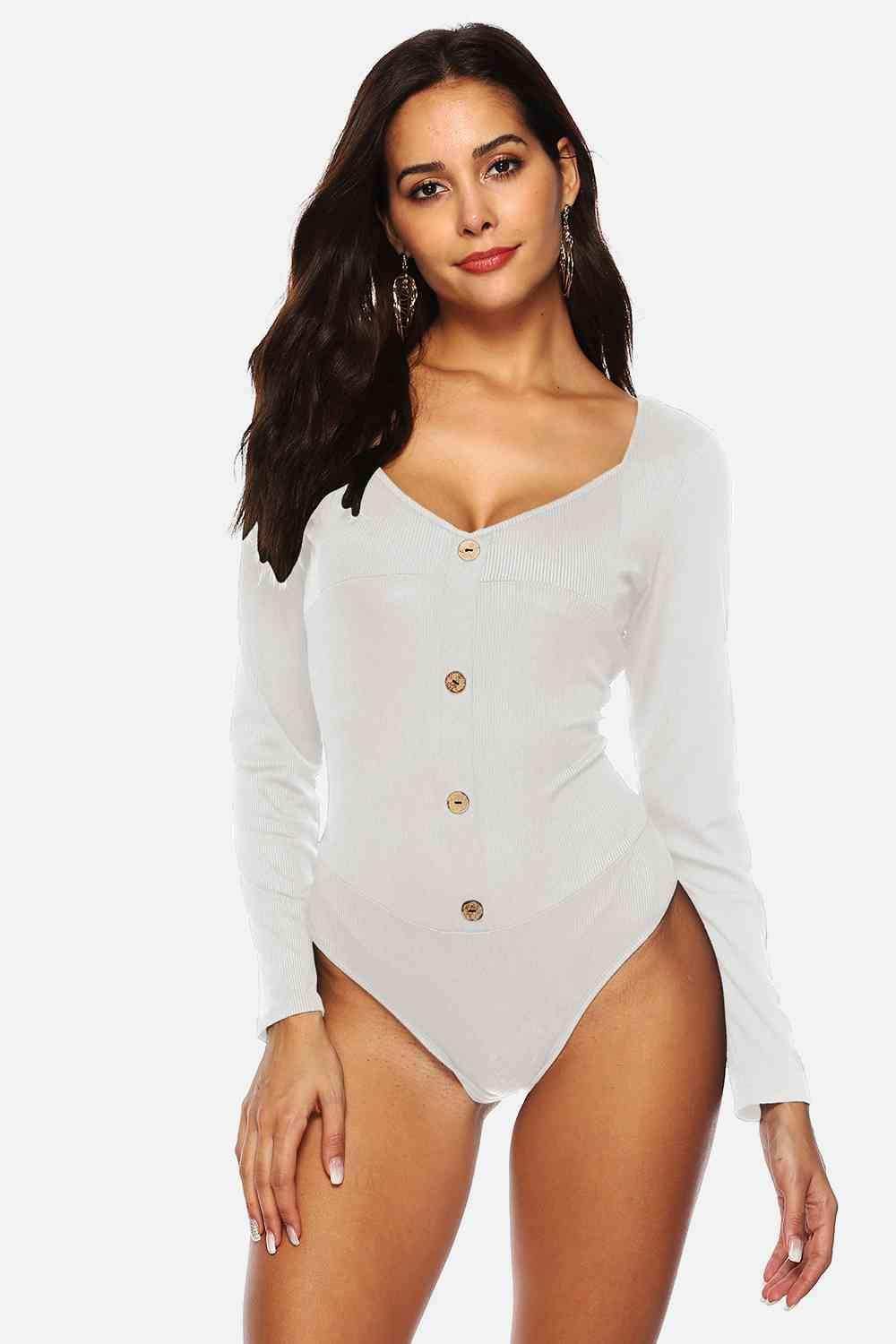 Button Detail Bodysuit - Trendsi - Flyclothing LLC