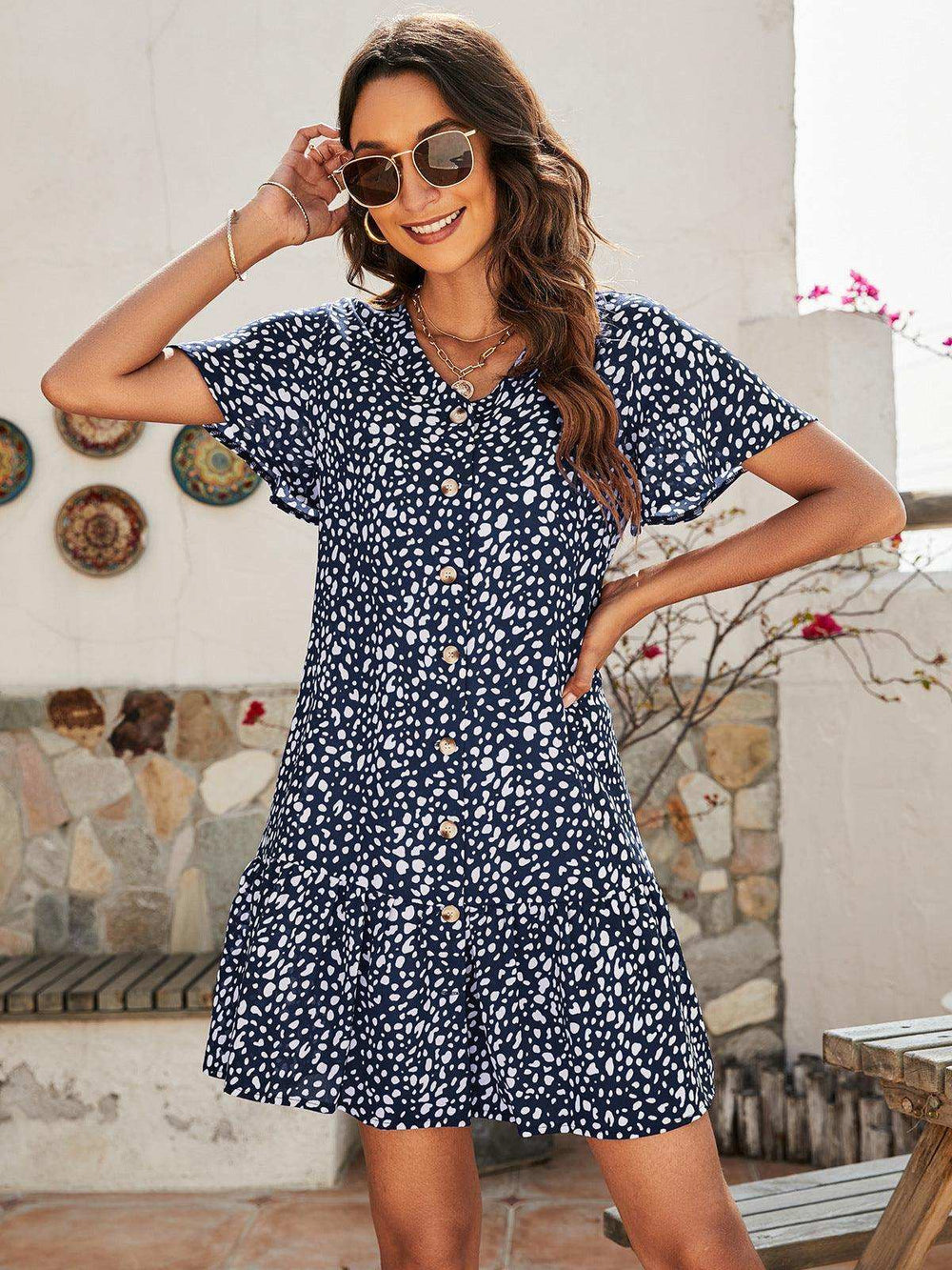 Animal Print Button Front Flutter Sleeve Dress - Trendsi - Flyclothing LLC