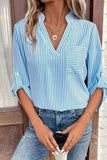 Striped Notched Roll-Tab Sleeve Shirt - Trendsi - Flyclothing LLC