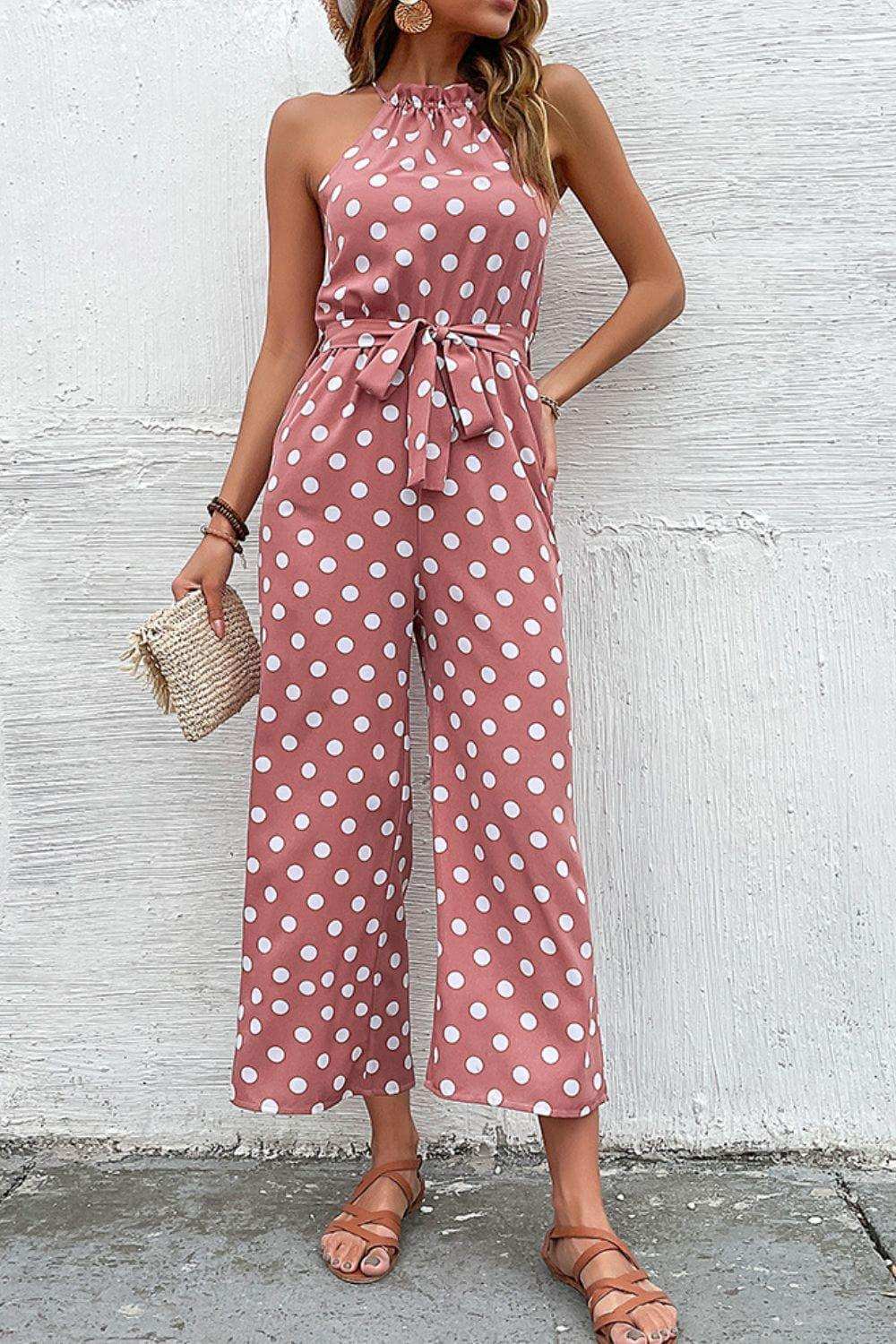 Polka Dot Grecian Wide Leg Jumpsuit - Trendsi - Flyclothing LLC