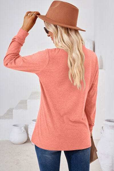 Notched Button Detail Long Sleeve T-Shirt - Trendsi - Flyclothing LLC