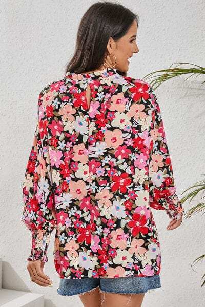 Frill Floral Mock Neck Lantern Sleeve Blouse - Trendsi - Flyclothing LLC