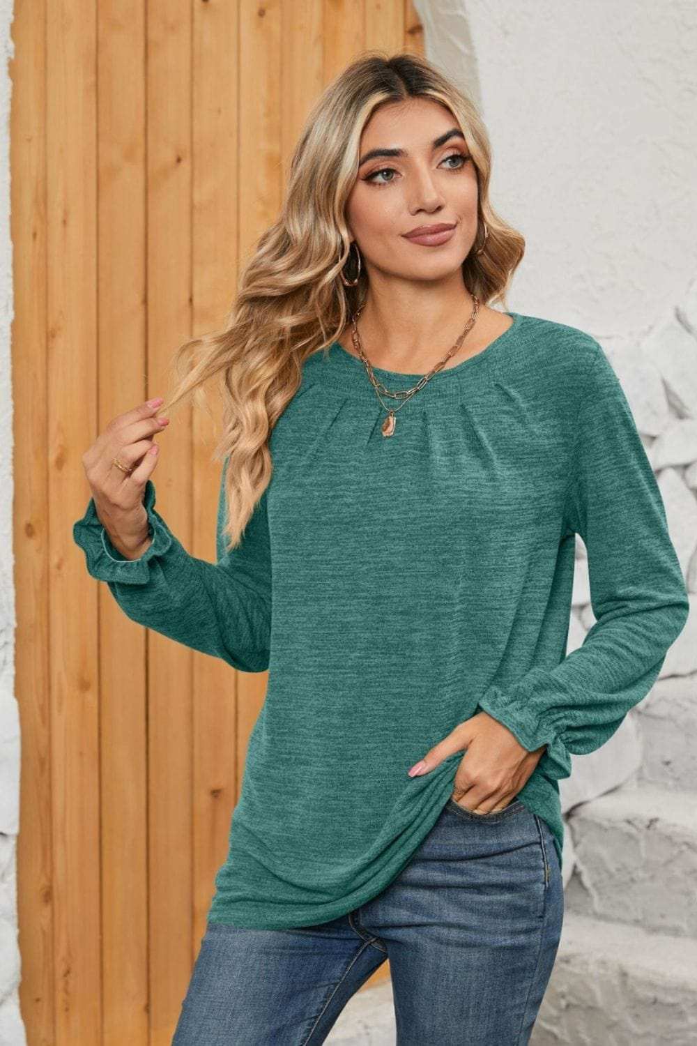 Ruched Round Neck Flounce Sleeve T-Shirt - Trendsi - Flyclothing LLC