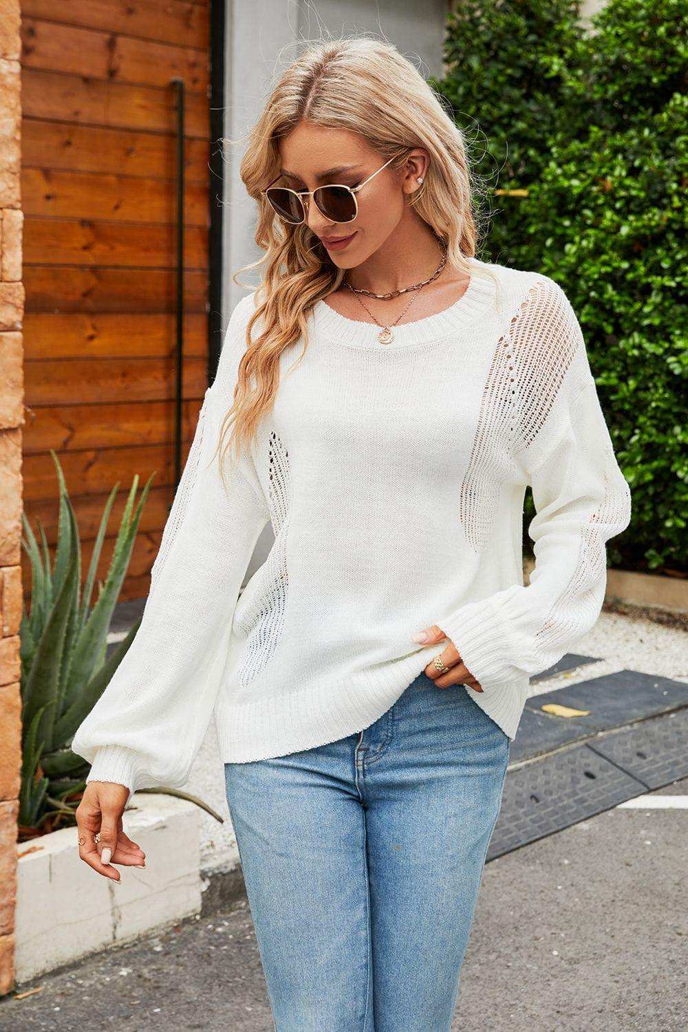 Openwork Round Neck Dropped Shoulder Knit Top - Trendsi - Flyclothing LLC