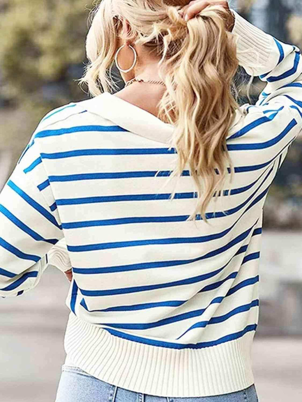 Striped Collared Neck Knit Top - Trendsi - Flyclothing LLC