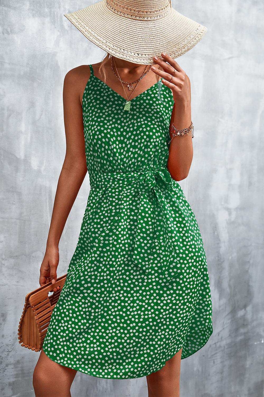 Printed V-Neck Tie Waist Mini Dress - Trendsi - Flyclothing LLC