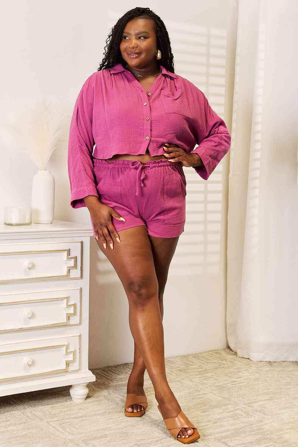 Basic Bae Buttoned Long Sleeve Top and Shorts Set - Trendsi - Flyclothing LLC