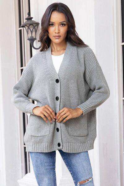 Button Up Long Sleeve Cardigan with Pockets - Trendsi - Flyclothing LLC