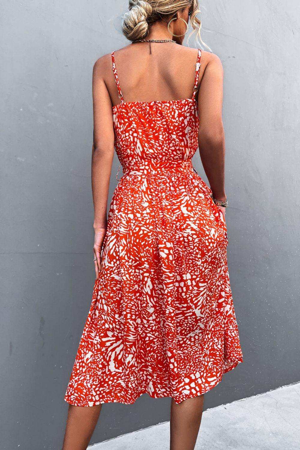 Printed Spaghetti Strap Decorative Button Belted Dress - Trendsi - Flyclothing LLC