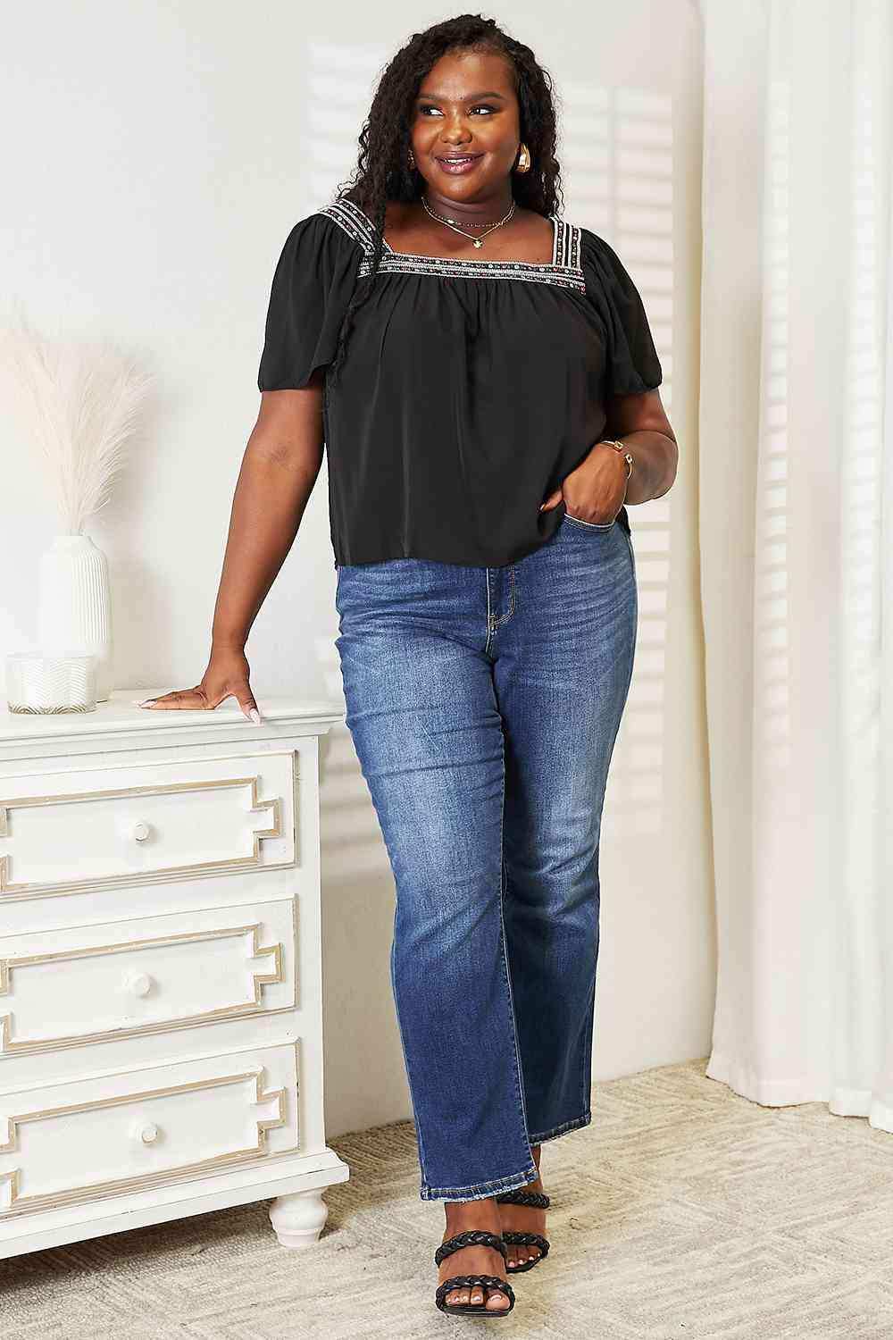 Double Take Contrast Square Neck Puff Sleeve Blouse - Trendsi - Flyclothing LLC