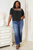 Double Take Contrast Square Neck Puff Sleeve Blouse - Trendsi - Flyclothing LLC