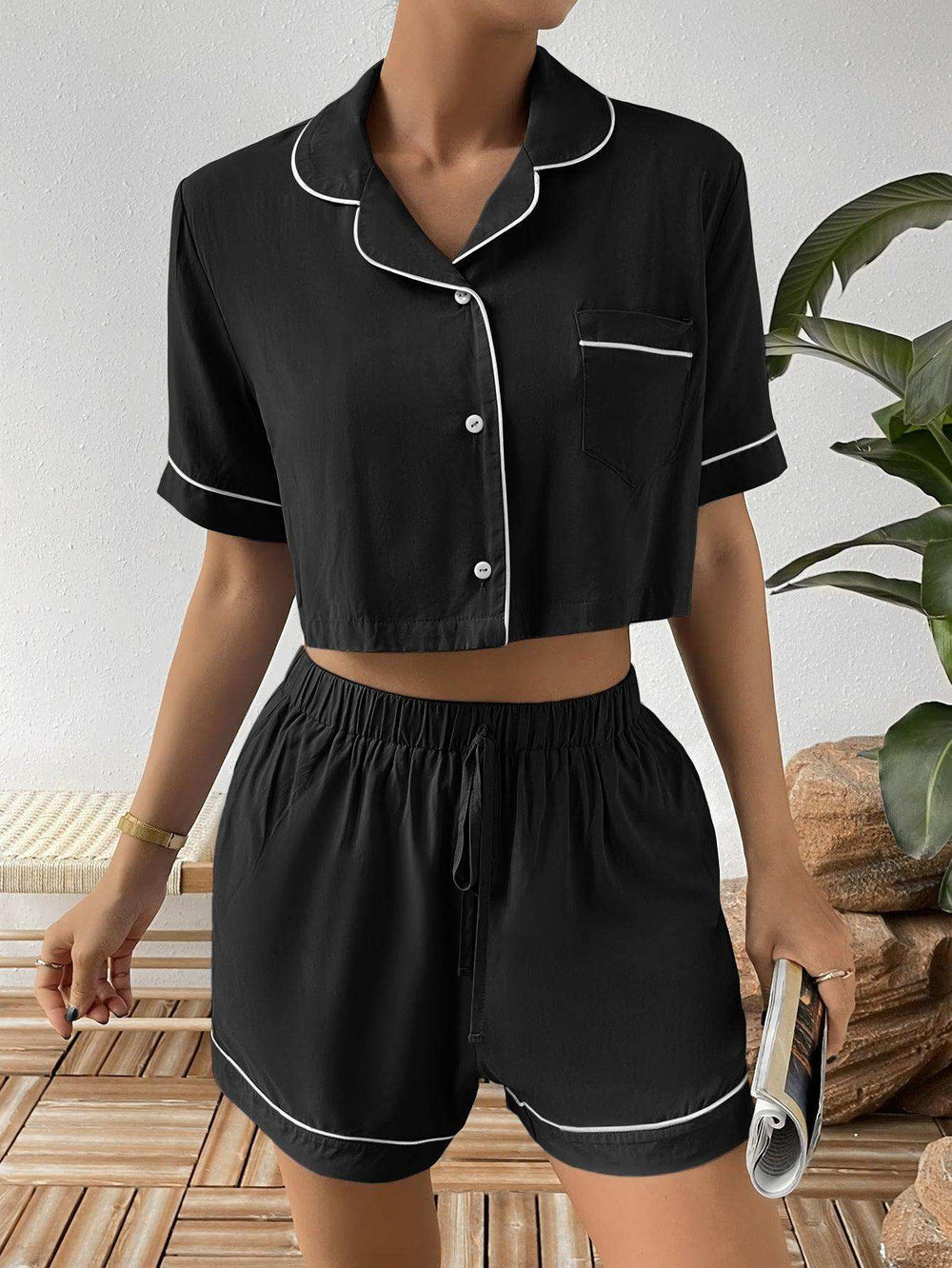 Contrast Lapel Collar Cropped Shirt and Shorts Lounge Set - Trendsi - Flyclothing LLC