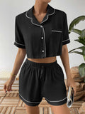 Contrast Lapel Collar Cropped Shirt and Shorts Lounge Set - Trendsi - Flyclothing LLC