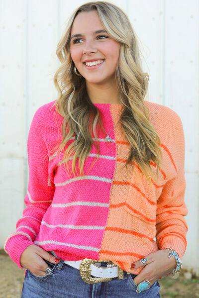 Striped Pocketed Dropper Shoulder Sweater - Trendsi - Flyclothing LLC