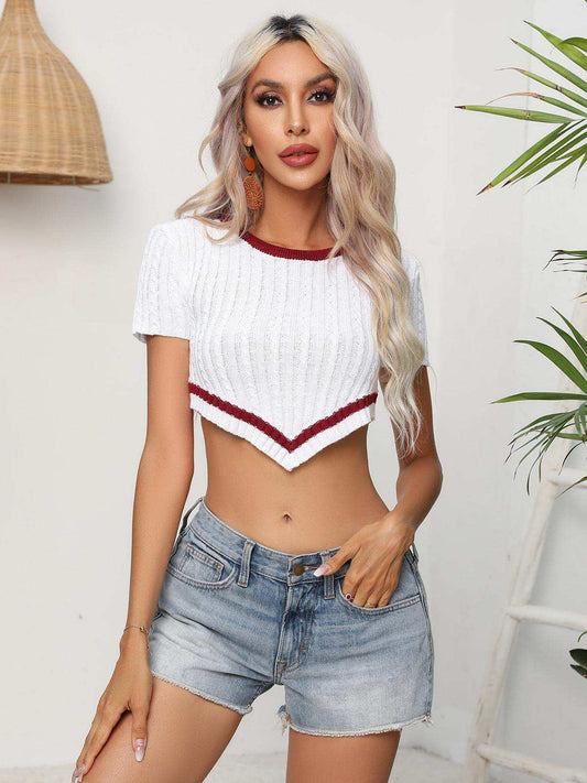 Contrast Round Neck Short Sleeve Cropped Knit Top - Trendsi - Flyclothing LLC
