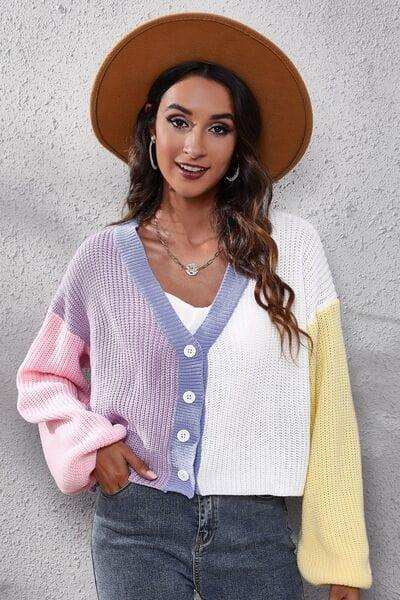 Color Block Button Up V-Neck Knit Top - Trendsi - Flyclothing LLC