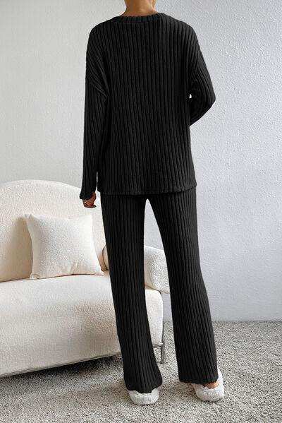 Ribbed V-Neck Top and Pants Lounge Set - Trendsi - Flyclothing LLC