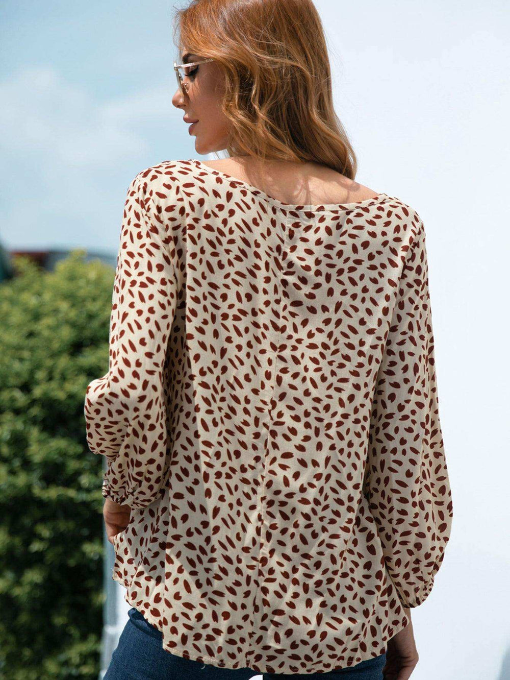 Printed V-Neck Balloon Sleeve Blouse - Trendsi - Flyclothing LLC