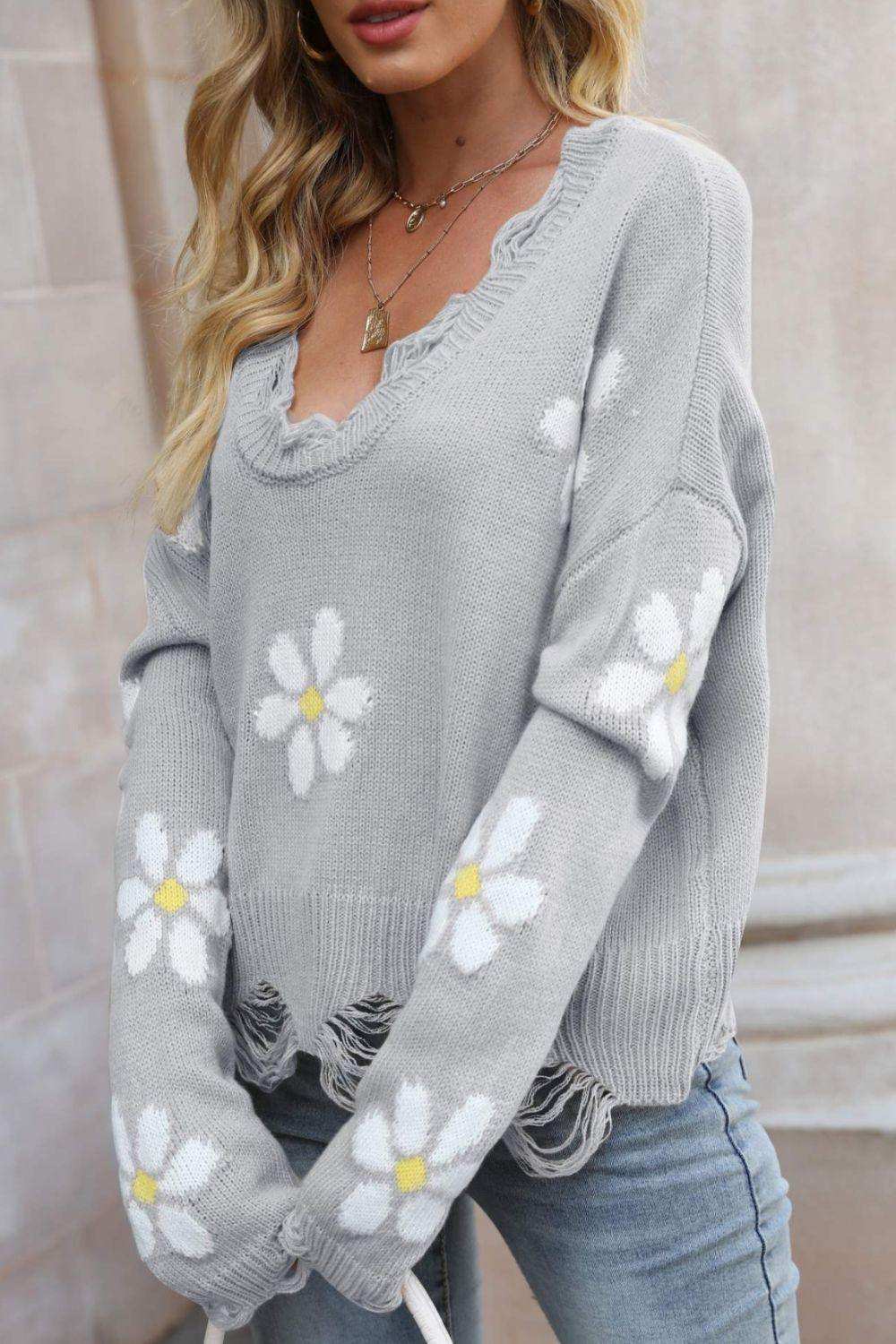 Flower Distressed Ribbed Trim Sweater - Trendsi - Flyclothing LLC