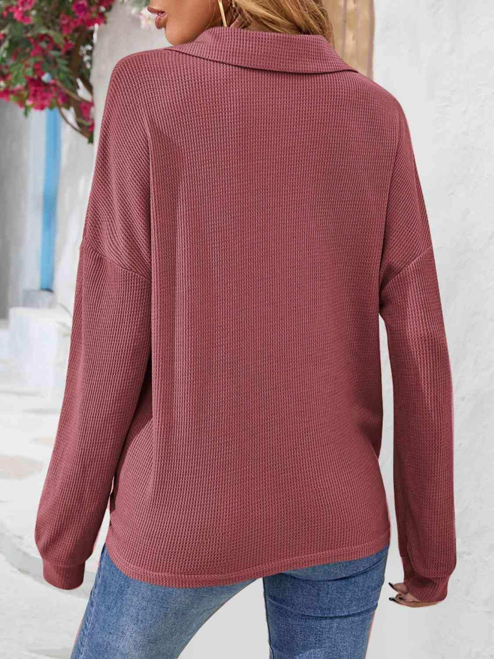 Half Button Collared Neck Long Sleeve Top - Trendsi - Flyclothing LLC
