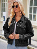 Pearl Detail Collared Neck Long Sleeve Denim Jacket - Trendsi - Flyclothing LLC