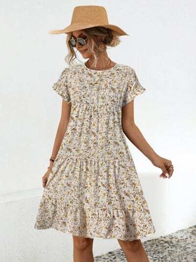 Frill Floral Round Neck Short Sleeve Tiered Dress - Trendsi - Flyclothing LLC