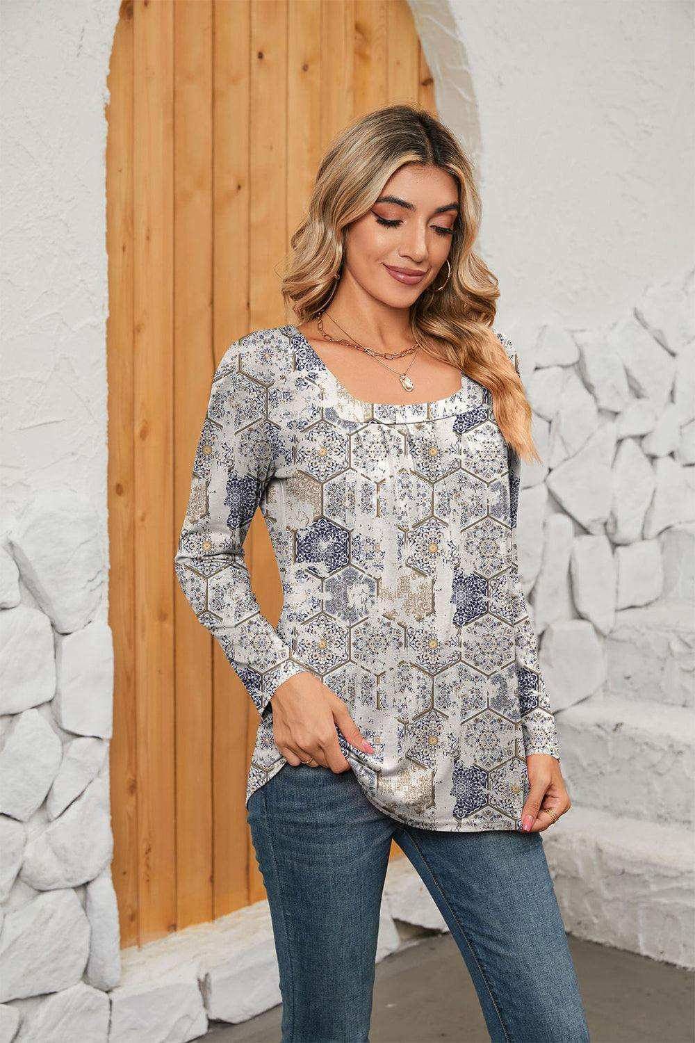Printed Square Neck Long Sleeve Blouse - Trendsi - Flyclothing LLC