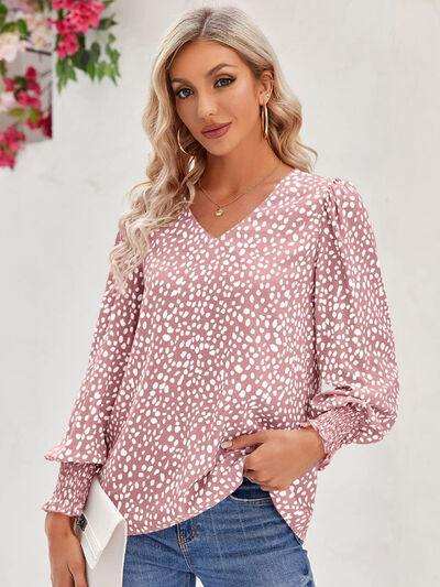 Printed V-Neck Lantern Sleeve Blouse - Trendsi - Flyclothing LLC