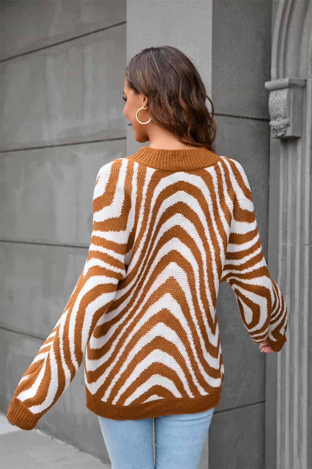 Printed Round Neck Long Sleeve Pullover Sweater - Trendsi - Flyclothing LLC