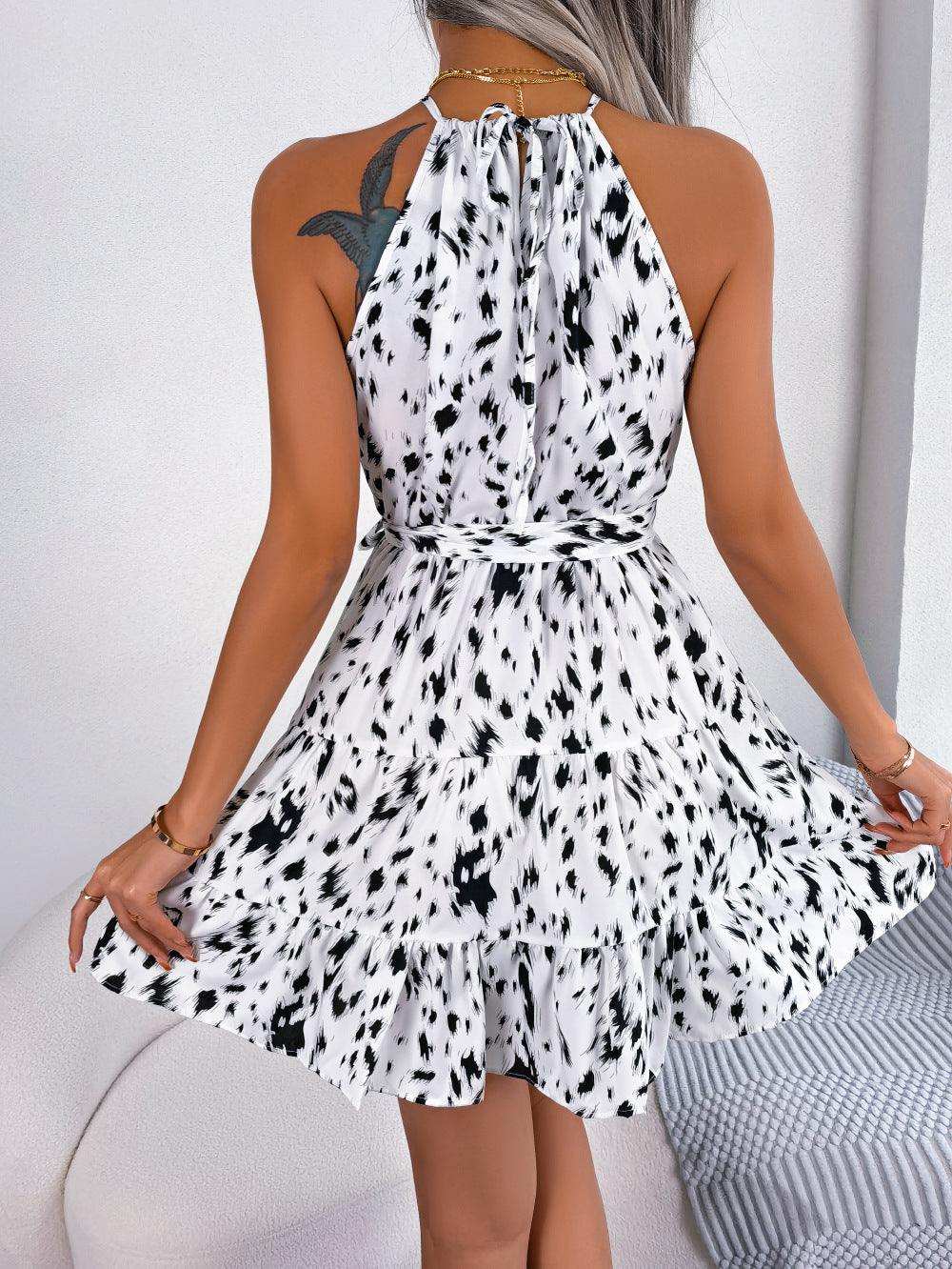 Halter Neck Printed Tie Waist Sleeveless Mini Dress - Trendsi - Flyclothing LLC