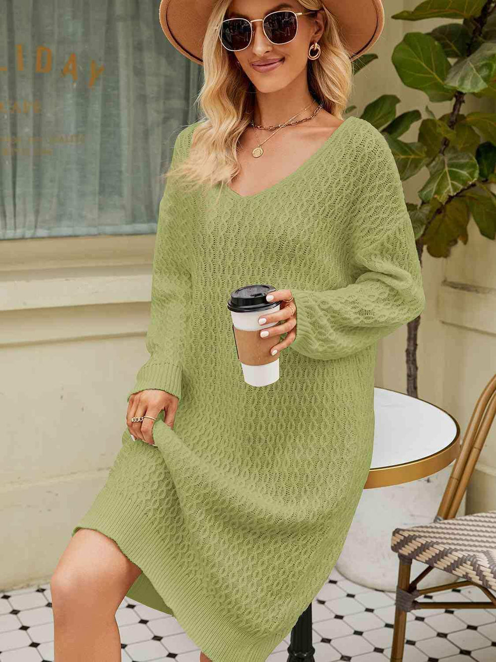 V-Neck Long Sleeve Sweater Dress - Trendsi - Flyclothing LLC
