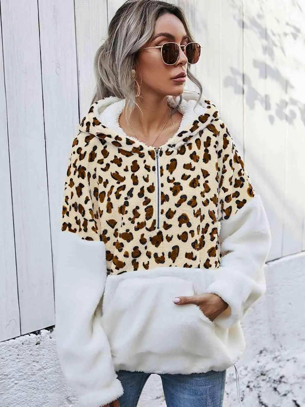 Leopard Half-Zip Dropped Shoulder Hoodie - Trendsi - Flyclothing LLC