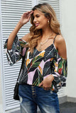 Printed Cold-Shoulder Three-Quarter Flare Sleeve Blouse - Trendsi - Flyclothing LLC