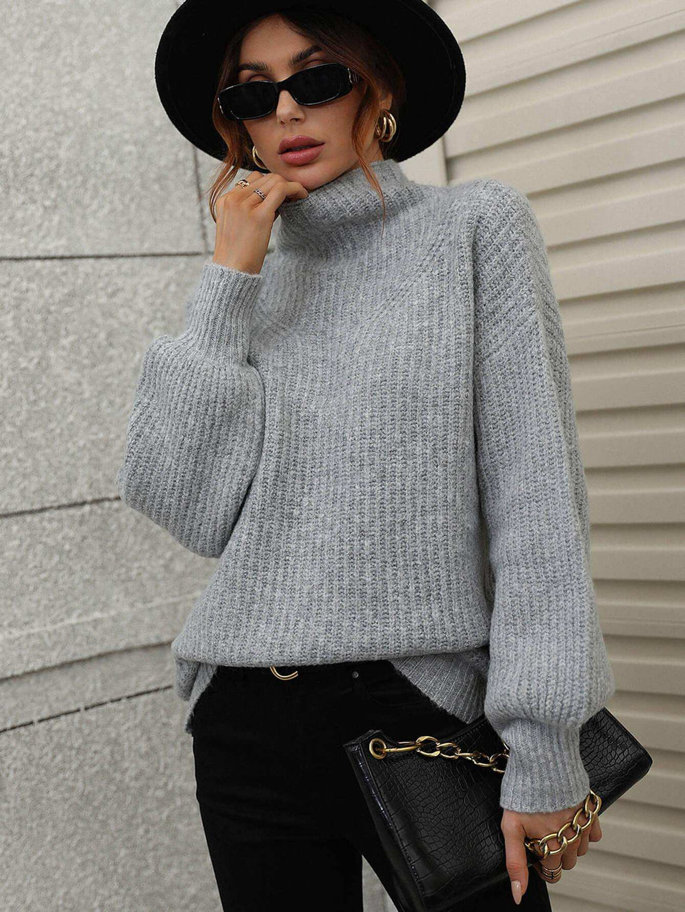 High Neck Balloon Sleeve Rib-Knit Pullover Sweater - Trendsi - Flyclothing LLC