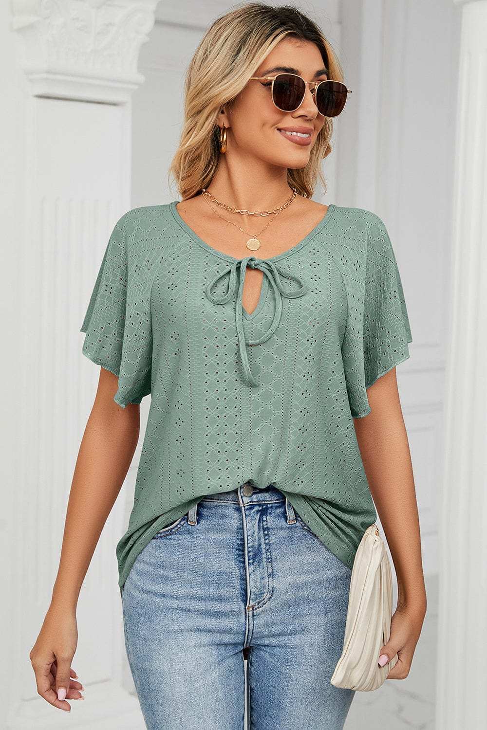 Eyelet Tie Neck Flutter Sleeve Blouse - Trendsi - Flyclothing LLC