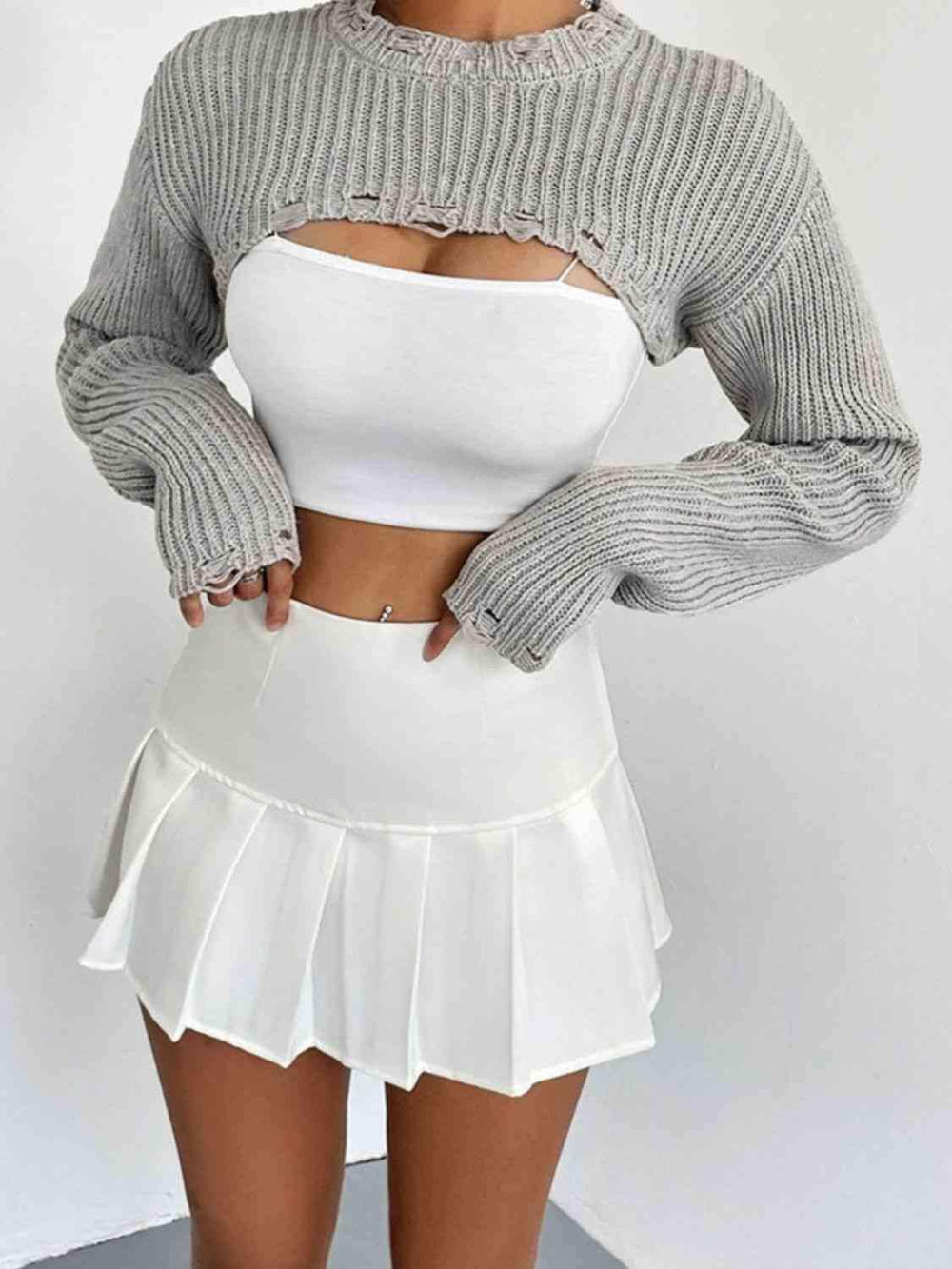 Distressed Long Sleeve Cropped Sweater - Trendsi - Flyclothing LLC
