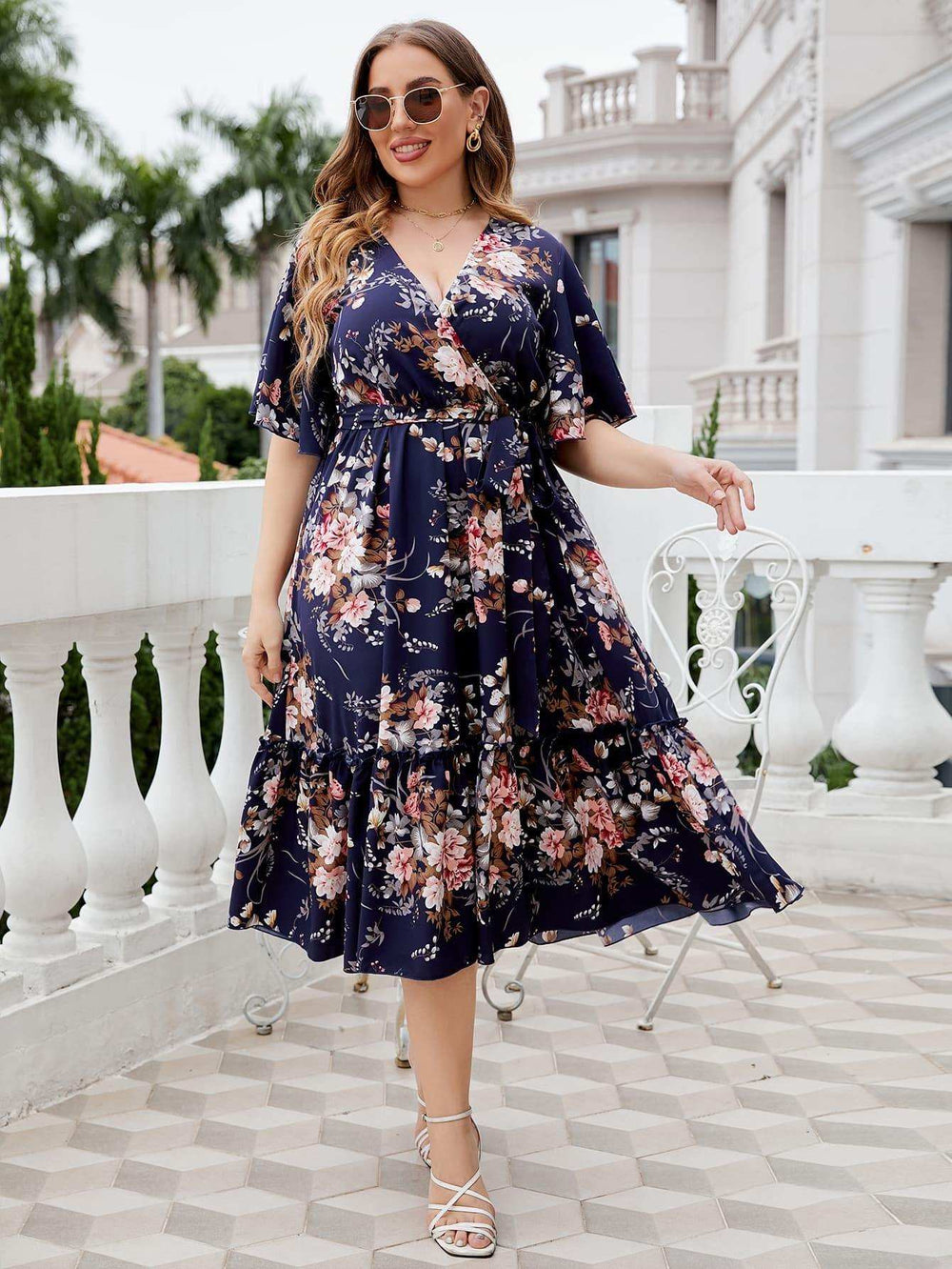 Plus Size Floral Surplice Neck Midi Dress - Trendsi - Flyclothing LLC