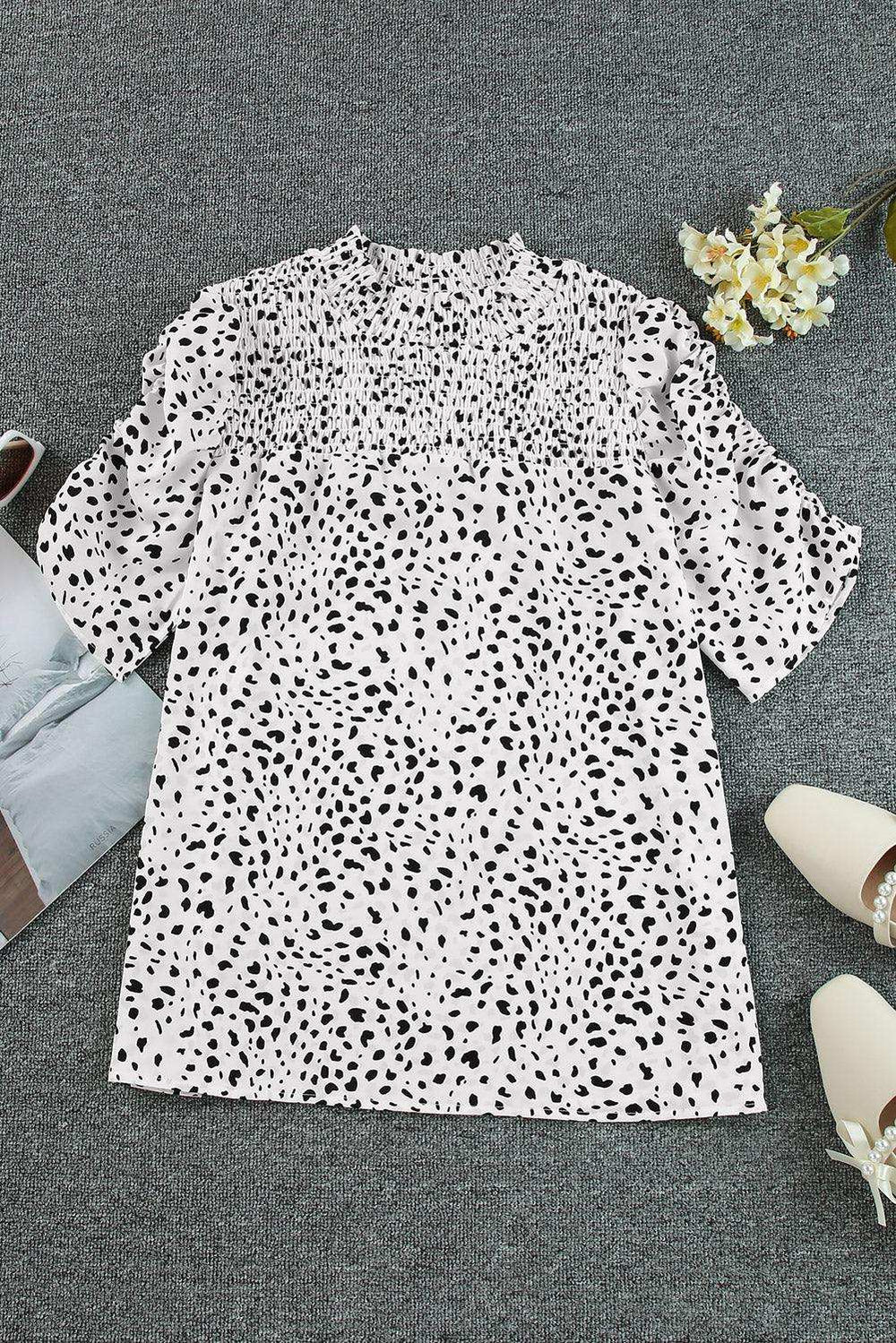 Printed Smocked Mock Neck Blouse - Trendsi - Flyclothing LLC