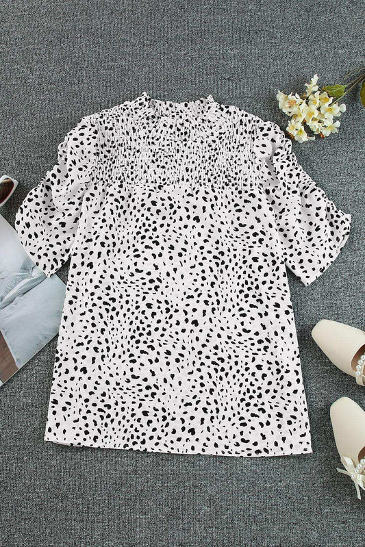 Printed Smocked Mock Neck Blouse - Trendsi - Flyclothing LLC