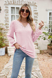 Eyelet Notched Neck Balloon Sleeve Blouse - Trendsi - Flyclothing LLC