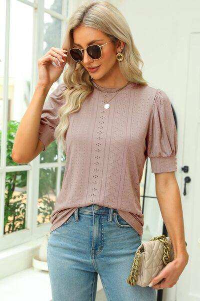 Openwork Round Neck Short Sleeve Blouse - Trendsi - Flyclothing LLC