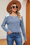 Eyelet Ribbed Round Neck Long Sleeve T-Shirt - Trendsi - Flyclothing LLC
