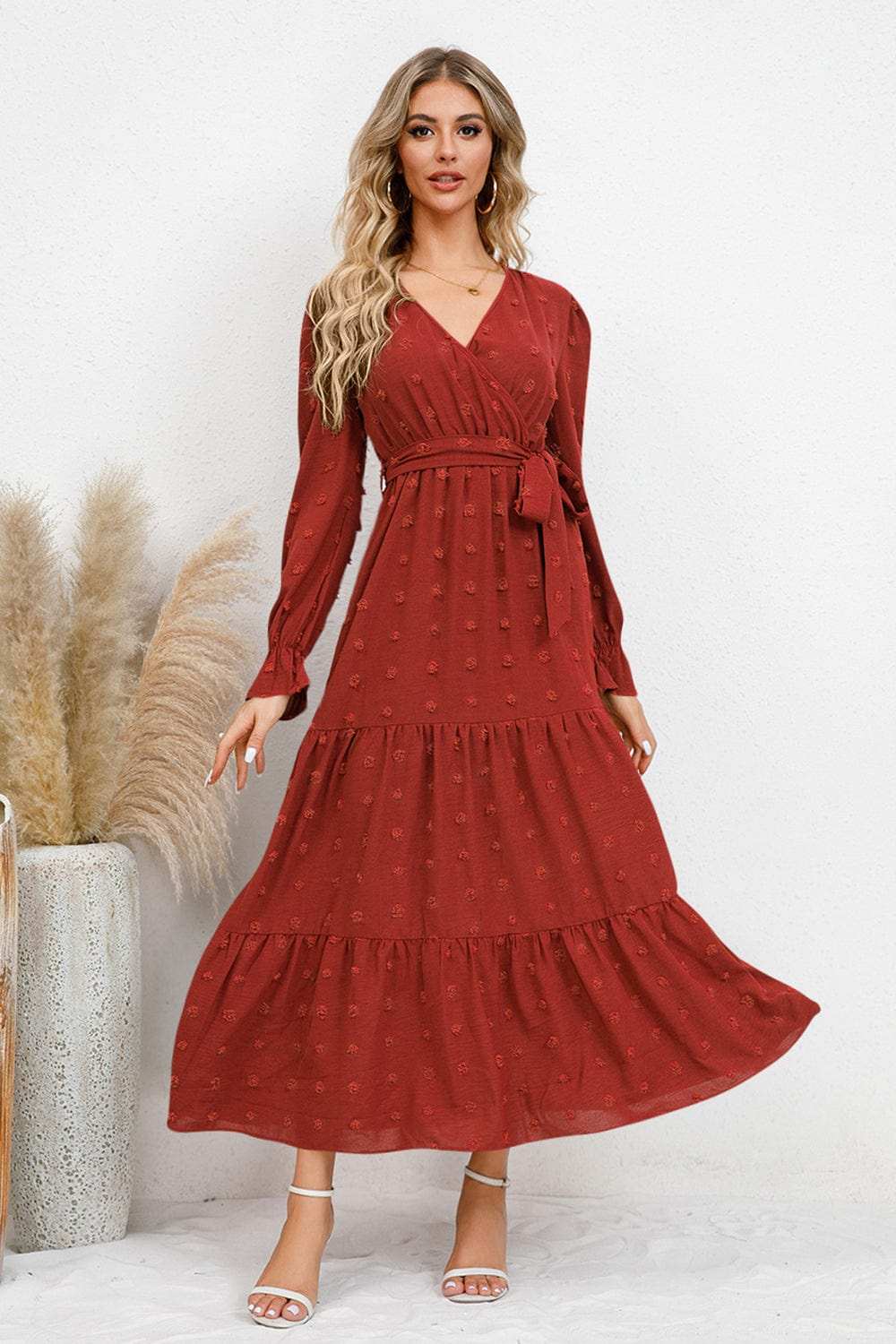 Swiss Dot Tied Surplice Flounce Sleeve Dress - Trendsi - Flyclothing LLC