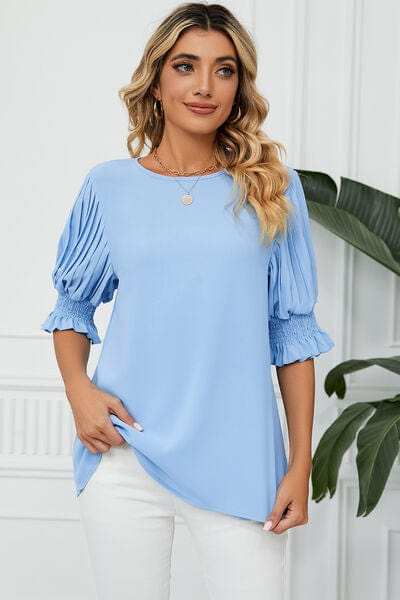 Frill Round Neck Lantern Sleeve T-Shirt - Trendsi - Flyclothing LLC